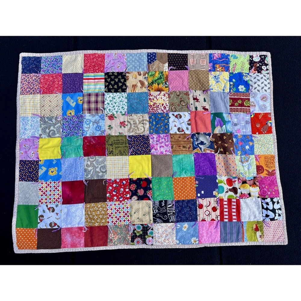 Handmade Patchwork Quilt Kids 28x35 Scrappy Cotton Multicolor Throw Blanket